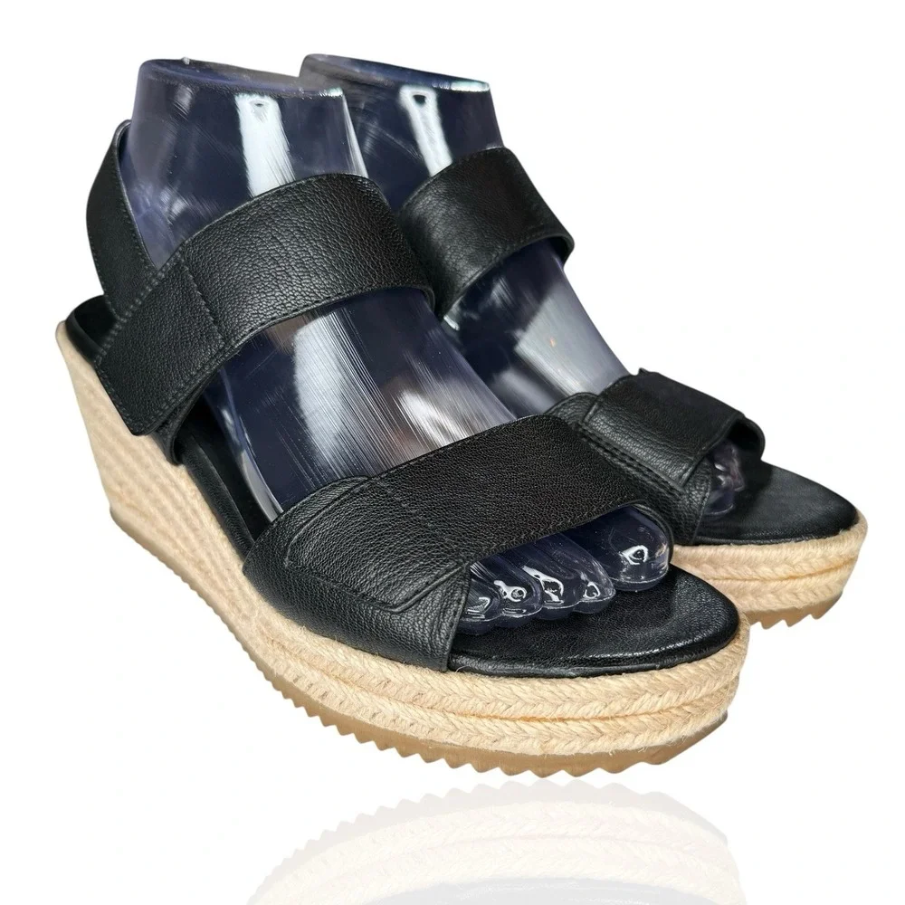 NEW Eileen Fisher 8.5 Winnie Tumbled Black Leather Espadrille Wedge‎ Sandals